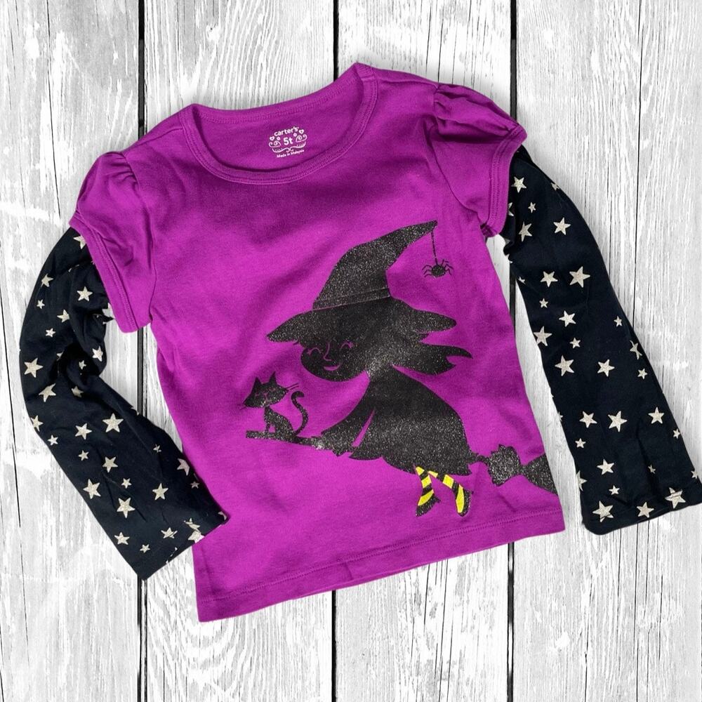 Carter’s Halloween Witch Cat Shirt 5T NWOT Sparkle Layered Purple Top